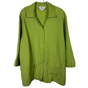N Touch Green Linen Blend Button Down Longline Casual 3/4 Sleeve Top Plus Size